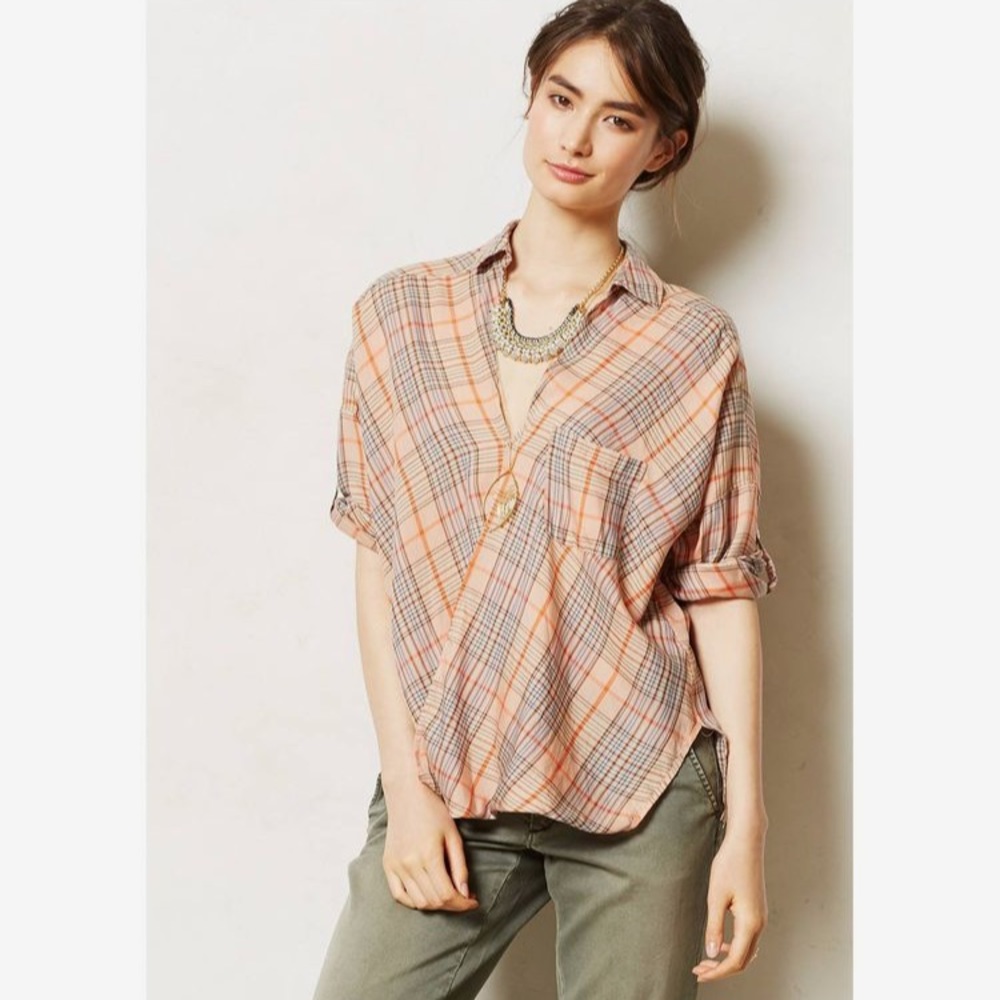 Anthropologie Holding Horses Orange Blue Plaid Top